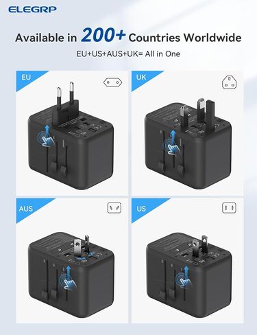 محول السفر العالمي ELEGRP، شاحن سريع 65 وات، محول طاقة دولي للسفر مع منفذ USB C، شاحن حائط أساسي للسفر في جميع أنحاء العالم، نوع C/G/A/I، محول طاقة الكل في واحد، FCC، حزمة واحدة in Saudi Arabia