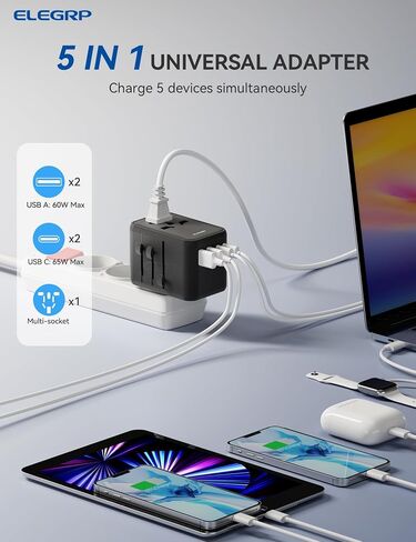 محول السفر العالمي ELEGRP، شاحن سريع 65 وات، محول طاقة دولي للسفر مع منفذ USB C، شاحن حائط أساسي للسفر في جميع أنحاء العالم، نوع C/G/A/I، محول طاقة الكل في واحد، FCC، حزمة واحدة in Saudi Arabia