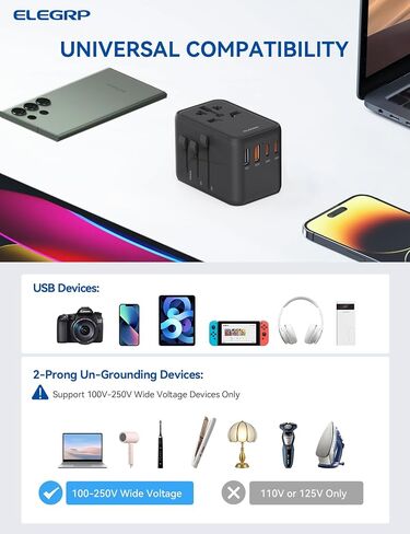محول السفر العالمي ELEGRP، شاحن سريع 65 وات، محول طاقة دولي للسفر مع منفذ USB C، شاحن حائط أساسي للسفر في جميع أنحاء العالم، نوع C/G/A/I، محول طاقة الكل في واحد، FCC، حزمة واحدة in Saudi Arabia