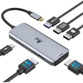 USB C Docking Station Dual Monitor, 9-in-1 Triple Display USB C Hub Multiport Adapter for Dell/HP/Lenovo/Surface Pro Laptop, USB C Dongle with 2 HDMI, DisplayPort, 87W PD, 3 USB, SD/TF Card Reader