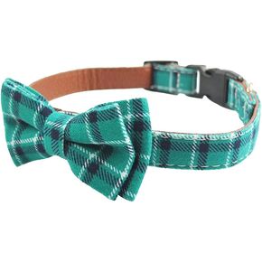 Dog Collar Bow Tie - Adorable Plaid Sturdy Soft Material&Leather Dog Collars for Small Medium Large Dogs Breed Pup Adjustable 18 Colors and 3 Sizes (Cyan Plaid, M 13"-18")