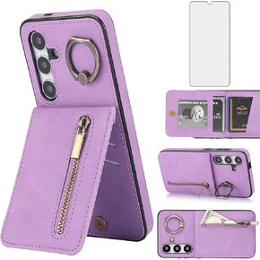 Asuwish Phone Case for Samsung Galaxy S24 5G Wallet Cover with Tempered Glass Screen Protector and Cell Accessories Zipper RFID Card Holder Slot Ring Stand Slim Flip S 24 24S GS24 G5 Women Men Purple