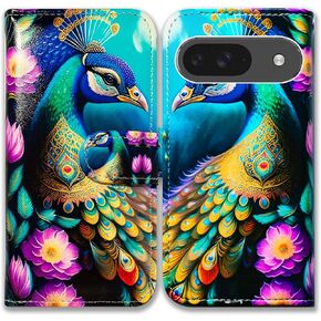 Bcov Case for Pixel 9,Colorful Mandala Skull Flowers Leather Flip Phone Case Wallet Cover with Card Slot Holder Kickstand Case for Google Pixel 9
