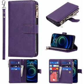 Jaorty Wallet Case Compatible with iPhone 12 Mini Case,[9 Card Slots] [Wrist Strap] [Stand Feature] Zipper Cash Pocket Magnetic Leather Cover Shockproof Slim Case for iPhone 12 Mini,5.4 inch Blue