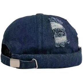 Brimless Cap Adjustable Denim Beanie Cap Rolled Cuff Sailor Cap Washed Distressed Denim Cap Ripped Skull Cap