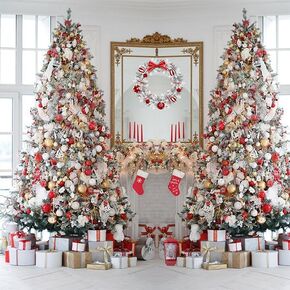 Christmas Tree Backdrop Fireplace Background for Photography Beautiful Christmas Trees with Xmas Balls Gifts Backdrops Decoration Photo Booth Props 8x8FT