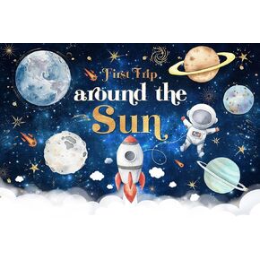 Mocsicka First Trip Around The Sun Birthday Backdrop for Boy Outer Space Sun 1st Birthday Party Decoration Galaxy Blast Off Moon Planets Rocket 1st Trip Around The Sun Cake Table Banner(82''x60'')