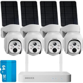 OOSSXX (PT Digital Zoom 100% Wire-Free) 2-Way Audio Wireless Solar Cameras, Solar Battery PIR Detection Outdoor Wireless Security Camera System Video Surveillance System (4-Cams 64G)