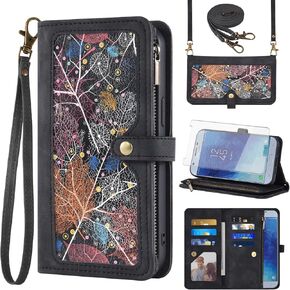 Phone Case for Samsung Galaxy J3 Orbit J 3 Star 2018 3J Achieve Wallet Cover with Screen Protector and Crossbody Wrist Strap Leather Flip Pattern Zipper Card Holder J3V V 3rd Gen SM J337A J337V Red