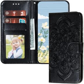 Case for Galaxy S24 FE Case Flip Premium Wallet Phone Case PU Leather Embossed Shockproof Cover with Kickstand Card Holder for Samsung Galaxy S24 FE Mandala Red LD