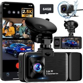 3 Channel Dash Cam Front and Rear Inside, 2.5K Dash Camera for Cars, APP Control, Night Vision, 3" IPS Screen, Built-in Wi-Fi, G-Sensor, 24H Parking Mode, Loop Recording, 64GB SD Card Included