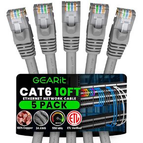 GearIT Cat 6 Ethernet Patch Cable (10 Feet, 5-Pack, Gray) Network Cable for TV, Modem, PC Gaming, 10Gbps, Gold-Plated Connectors, Snagless, Cat6, RJ45, Internet Cable, 10ft