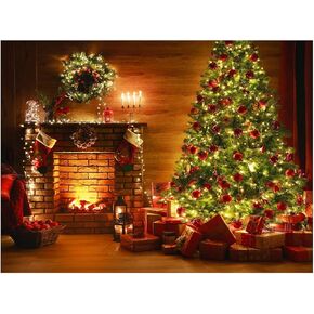 7X5FT Christmas Fireplace BackdropXmas Backdrop Gorgeous Christmas Tree Backdrop Fireplace Gifts Wooden Floor Wall Backdrop Holiday Decoration Photography Studio Portrait Background DH-142