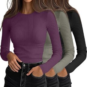 Ficerd 3 Pack Women's Long Sleeve Shirts, Crew Neck Slim Fit Tees Ribbed Knit Undershirts Casual Stretch Basic Layering Tops