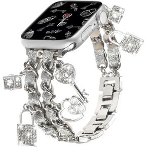 Metal Band Bracelet Compatible with Apple Watch Band 38mm 40mm 41mm 42mm 44mm 45mm 49mm, Designer Cuban Chain with Luxury Pendants Dressy iWatch Ultra Series 9 8 7 6 5 4 3 2 1 SE Charms for Women