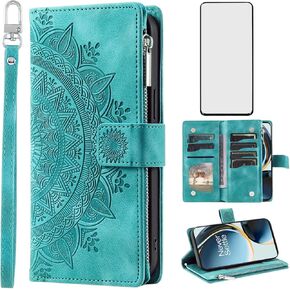 Phone Case for OnePlus Nord N30 5G/CE 3 Lite Wallet Cover With Tempered Glass Screen Protector Wrist Strap Mandala Flower Leather Flip Zipper Cell OPPO K11x/One Plus 1 1+ N 30/CE3 Women Men Pink