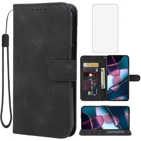 حافظة لهاتف Moto Edge+ 2022/Edge 30 Pro/Edge X30 XT2201 مع واقي شاشة من الزجاج المقسى، وحامل بطاقات ائتمان من الجلد وغطاء هاتف لهاتف Motorola Edge Plus 2022 أسود
