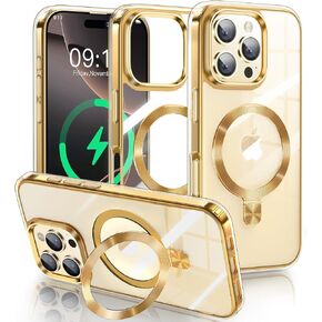 ESTPEAK Magnetic Invisible Stand Case for iPhone 14 Pro Max [CD Ring Compatible with MagSafe][Inside Spray Electroplate][Military Drop Protection] Shockproof Clear Back Non-Yellowing Slim Cover, Gold