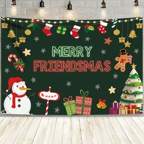MEHOFOND 7x5ft Merry Friendsmas Backdrop Banner Green Christmas Friendsmas Party Decorations Background Winter Christmas Friends Party Christmas Tree Snowman Cake Table Supplies Photo Booth Props