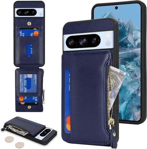 حافظة محفظة Cavor لهاتف Google Pixel 8 Pro، حافظة محفظة Pixel 8 Pro للنساء والرجال، حافظة هاتف لهاتف Pixel 8 Pro مع حامل بطاقة، حافظة جلدية بفتحات للبطاقات بسحاب - أزرق in Kuwait