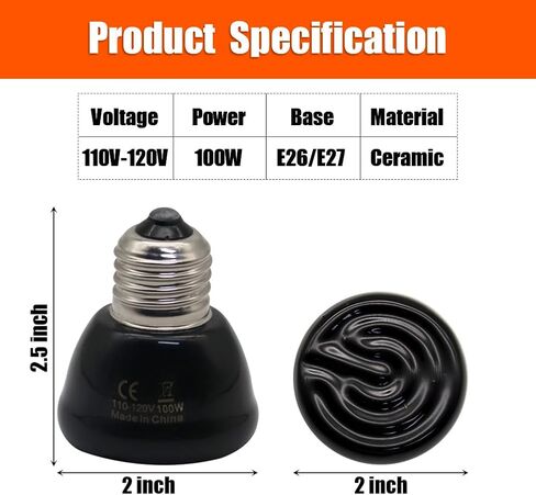 Mini Reptile Heat Lamp Bulb Ceramic Infrared Heat Emitter（4 Pack） E26/E27 Base, AC110V, for Pet Amphibian Snake, Turtle, Lizard, Chicken, Brooder Coop, No Light (25, Watts) in Kuwait