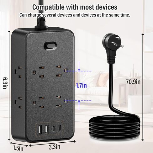 Power Strip Surge Protector with USB Ports, Extension Cord 6 Ft with 12 Outlets, 4 USB (2 USB-C) Flat Plug, Multi Plug Outlet Extender for Office and Home(Black) in Saudi Arabia