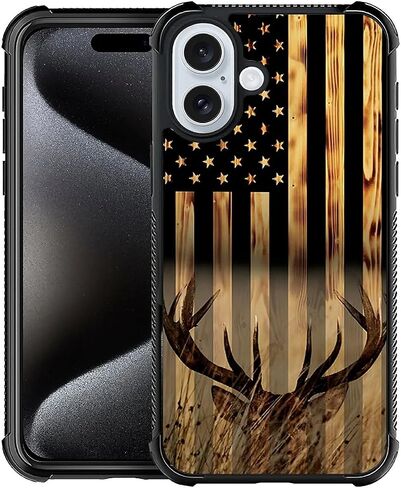 DJSOK Case Compatible with iPhone 16 Pro,Wood Grain American Flag Buck Hunter Deer Pattern Design,Case for iPhone 16 Pro Cases,Design Pattern Back Bumper Anti Scratch Reinforced Corners Soft TPU Case in Saudi Arabia
