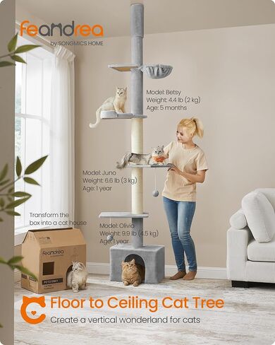 شجرة القطط من الأرض إلى السقف من Feandrea، برج تسلق القطط قابل للتعديل بارتفاع 91-115 بوصة، عمود قطط طويل القامة متعدد المستويات للقطط الداخلية، أعمدة خدش سميكة، شقة، أرجوحة، جثم، رمادي فاتح UPCT210G01 in Kuwait