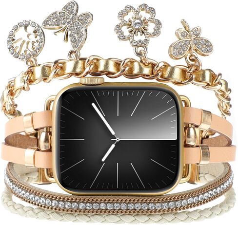 Boho Leather Bracelet Compatible with Apple Watch Band 40/38/41/42/44/45/46/49mm Women, Multilayer Wrap Watch Strap with Unique Pendants for iWatch Series 10/9/8/7/6/5/4/3/SE Metal Chain Charms in Saudi Arabia