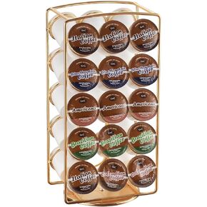 Alessia Cara Tabletop K Cup Holder, Coffee Pod Stand Holder, K-Cups Capsule Storage Rack for 30 pods, 360 degrees rotatable, No Assembly Required, Gold