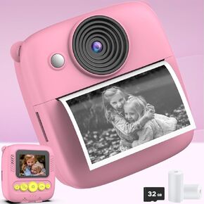 Kids Camera Instant Print, Christmas Birthday Gifts for Kids Age 3-8, 1080P Digital Camera with 32GB Card, Toddler Portable Travel Camera Toys for 4 5 6 7 8 9 10 Year Old Girls Boys Pink