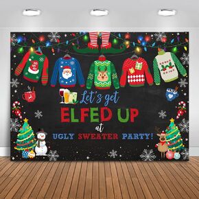 Mocsicka Ugly Sweater Photography Backdrop Ugly Sweater Christmas Party Background Elfed Up Ugly Sweater Party Cake Table Decoration Photo Booth Props (7x5ft)