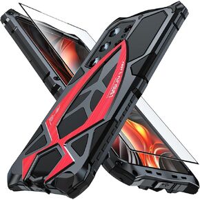 Armor Phone Case for Samsung Galaxy S24 Ultra Military Grade Drop Protection Cover S24Ultra 5G Heavy Duty Hybrid Metal Bumper Built-in Silicone Shockproof Dustproof - Black + Red