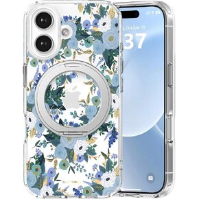 Phone Case for iPhone 16 Pro Floral with Magsafe Stand, with 360° Ring Kickstand Holder Magnetic Accessories Surpport, Shockproof Clear Protective Cover for Women Girls, Blue Flower Design 6.3"