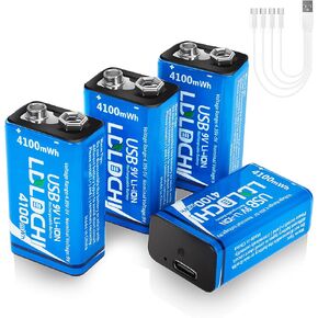 Rechargeable 9V Lithium Batteries 4100mWh with 4-in1 Charging Cable - 6F22 9 Volt Batteries 4 Pack, Over 500 Cycles, for Smoke Detector Alarms, Microphones, Guitar