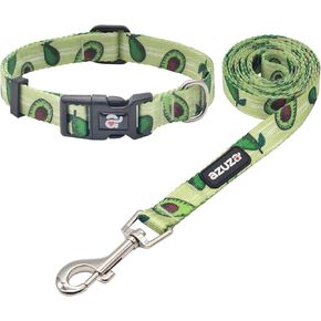 azuza Dog Collar and Leash Set, Fun Avocado Patterns on Nylon Collar and Matching Leash, Large Dog Collar for Medium Dogs