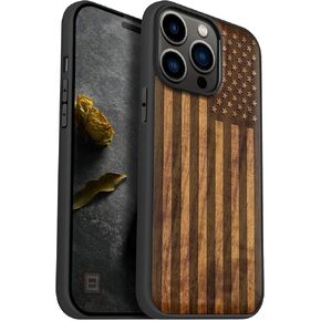 Carveit Magnetic Wood Case for iPhone 14 Pro Max [Natural Wood & Black Soft TPU] Shockproof Protective Cover Unique & Classy Wooden Case Compatible with magsafe (American Flag -Blackwood)