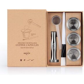 RECAPS Reusable Coffee Filter Capsules Compatible with Nespresso Original 3PCS Refillable Coffee Pods Permanent Coffee Filter Stainless Steel 120PCS Aluminum Foil Lids Coffee Tamper