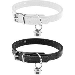 ECSiNG 2PCS Cat Collar with Bell PU Leather Comfortable Kitten Collars for 15~23cm Neck Size Adjustable Length Small Pets Supplies 1cm Width Black & White