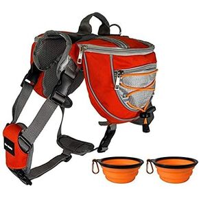 Saddlebag Back Pack & Harness Combo for Dogs 30-100+ lbs. Perfect for Travel, Trail Hiking, & Camping. Reflective, Lightweight, & Comfortable. Comes with Two Collapsible Bowls (Medium, Blue) in Saudi Arabia