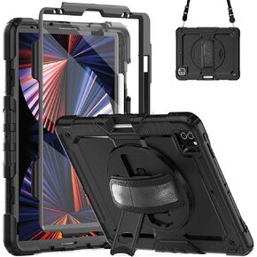 iPad Pro 12.9 Case 2022 6th Gen/2021 5th Gen/2020 4th Gen/2018 3rd Gen, Shockproof Rugged 12.9 inch iPad Pro Case with Screen Protector Pencil Holder,Stand Hand & Shoulder Strap,Light Blue