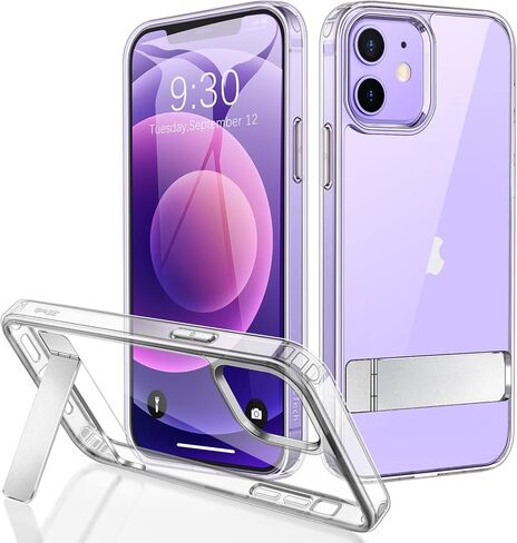حافظة JETech لهاتف iPhone 12/12 Pro مقاس 6.1 بوصة مع حامل، تدعم الشحن اللاسلكي، غطاء هاتف نحيف مقاوم للصدمات، مسند معدني ثلاثي الاتجاهات (شفاف) in Saudi Arabia