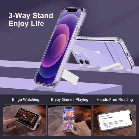حافظة JETech لهاتف iPhone 12/12 Pro مقاس 6.1 بوصة مع حامل، تدعم الشحن اللاسلكي، غطاء هاتف نحيف مقاوم للصدمات، مسند معدني ثلاثي الاتجاهات (شفاف) in Saudi Arabia