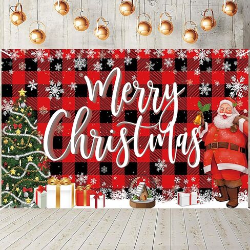 Merry Christmas Banner Backdrop,Large Xmas Background Santa Claus Tree, Hanging New Year Sign Poster for Indoor Outdoor Holiday Party Wall Decoration 70.8 x 43.3 Inch (Lattice Red) in Saudi Arabia