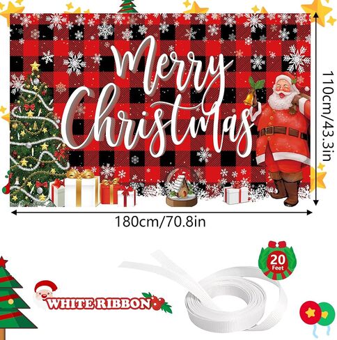 Merry Christmas Banner Backdrop,Large Xmas Background Santa Claus Tree, Hanging New Year Sign Poster for Indoor Outdoor Holiday Party Wall Decoration 70.8 x 43.3 Inch (Lattice Red) in Saudi Arabia