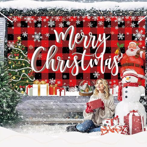 Merry Christmas Banner Backdrop,Large Xmas Background Santa Claus Tree, Hanging New Year Sign Poster for Indoor Outdoor Holiday Party Wall Decoration 70.8 x 43.3 Inch (Lattice Red) in Saudi Arabia