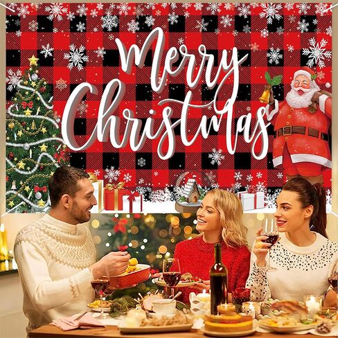 Merry Christmas Banner Backdrop,Large Xmas Background Santa Claus Tree, Hanging New Year Sign Poster for Indoor Outdoor Holiday Party Wall Decoration 70.8 x 43.3 Inch (Lattice Red) in Saudi Arabia