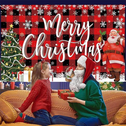 Merry Christmas Banner Backdrop,Large Xmas Background Santa Claus Tree, Hanging New Year Sign Poster for Indoor Outdoor Holiday Party Wall Decoration 70.8 x 43.3 Inch (Lattice Red) in Saudi Arabia