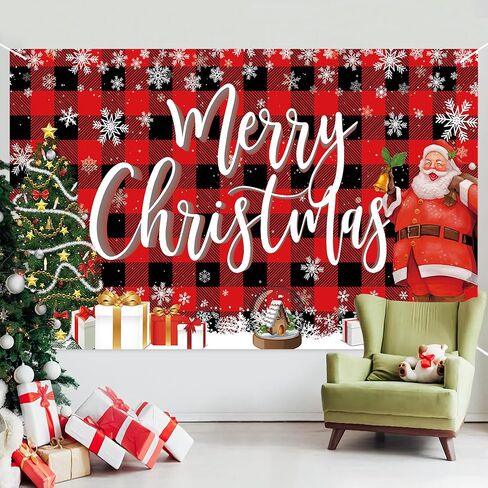 Merry Christmas Banner Backdrop,Large Xmas Background Santa Claus Tree, Hanging New Year Sign Poster for Indoor Outdoor Holiday Party Wall Decoration 70.8 x 43.3 Inch (Lattice Red) in Saudi Arabia