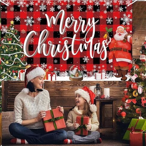 Merry Christmas Banner Backdrop,Large Xmas Background Santa Claus Tree, Hanging New Year Sign Poster for Indoor Outdoor Holiday Party Wall Decoration 70.8 x 43.3 Inch (Lattice Red) in Saudi Arabia